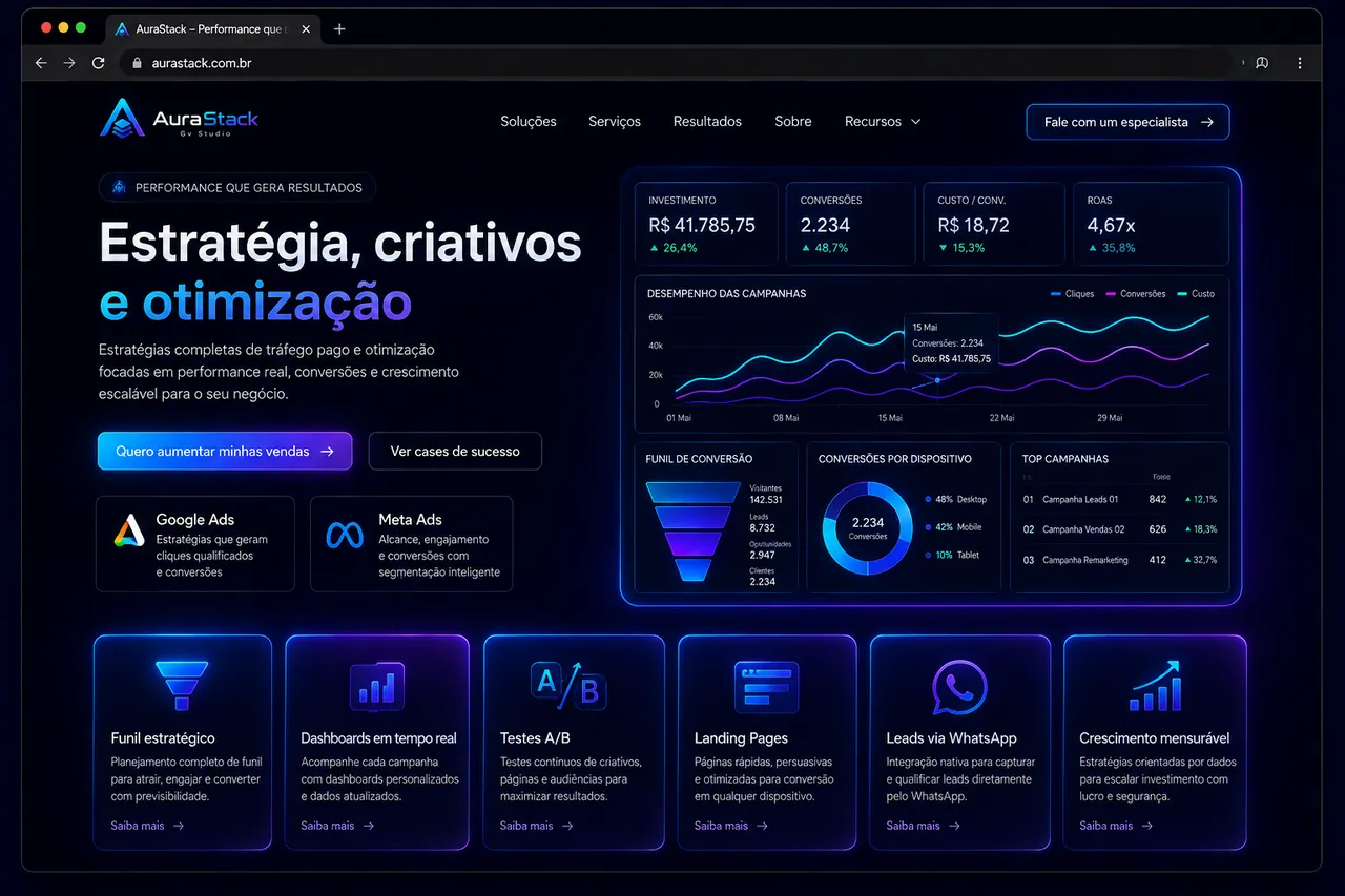 Mockup ilustrativo sobre performance de tráfego pago